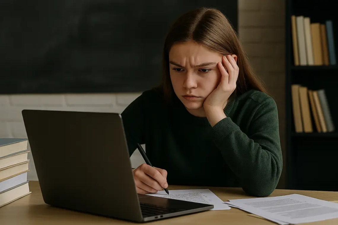 Een middelbare scholier zit aan een bureau met open laptop en stapel papieren, zichtbaar gefrustreerd terwijl ze werkt aan een spreekbeurt over klimaatbeleid